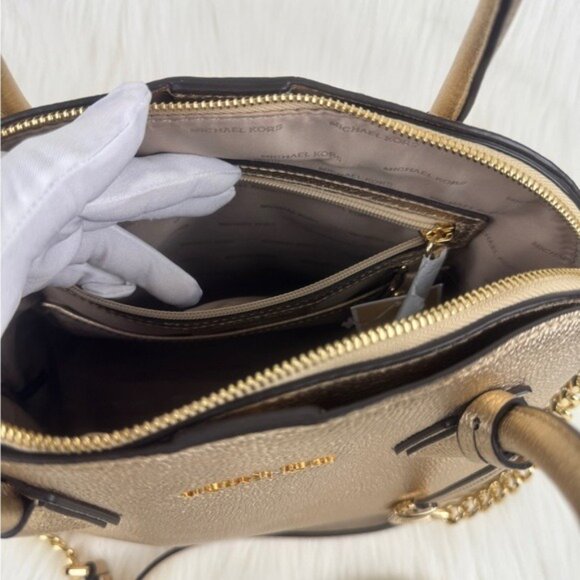 Michael Kors Mercer Metallic Gold Leather Dome Satchel Shoulder Crossbody Bag - Picture 13 of 17